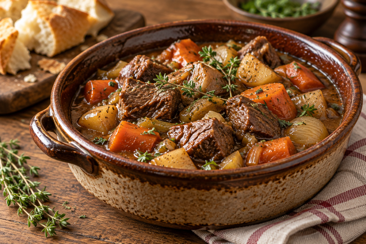 Slow-braised diced beef with root vegetables in rich gravy