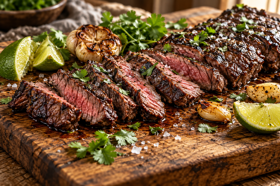 Seared British beef skirt steak sliced across the grain with lime, garlic and herbs