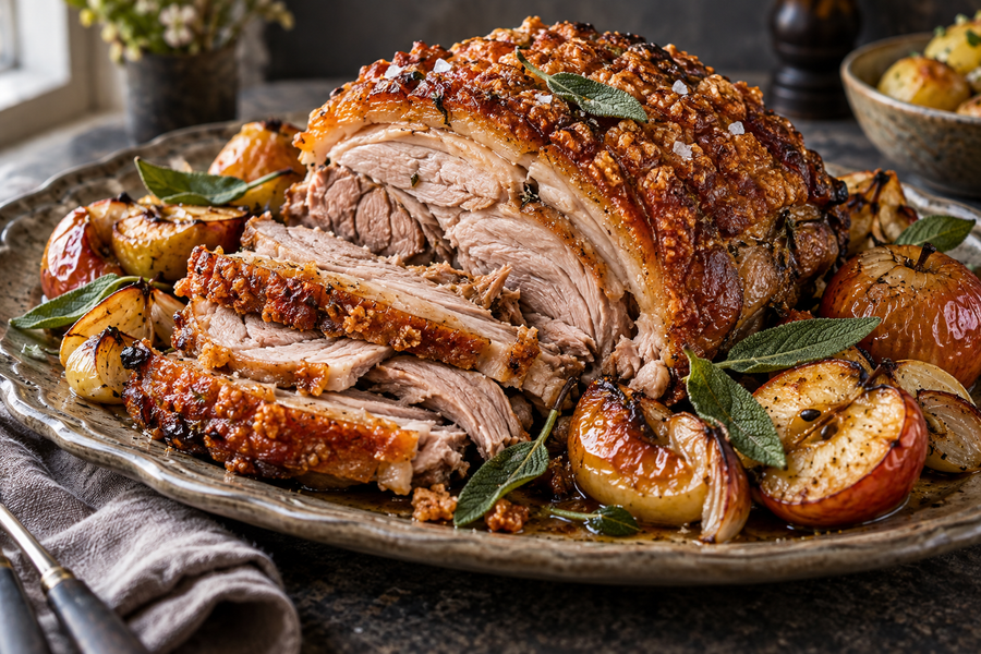 Sliced slow-roasted pork shoulder with crisp crackling, apple and sage