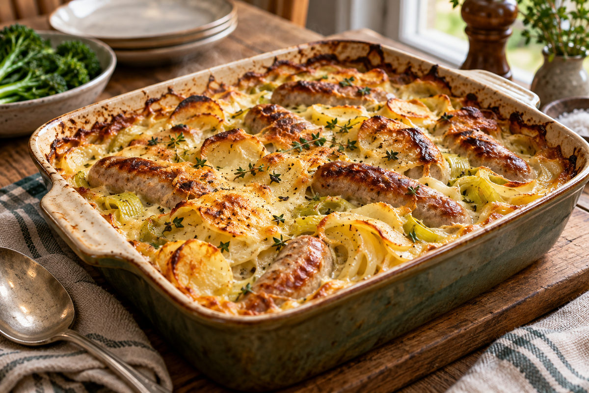 Sausage, leek and potato gratin with a golden bubbling crust