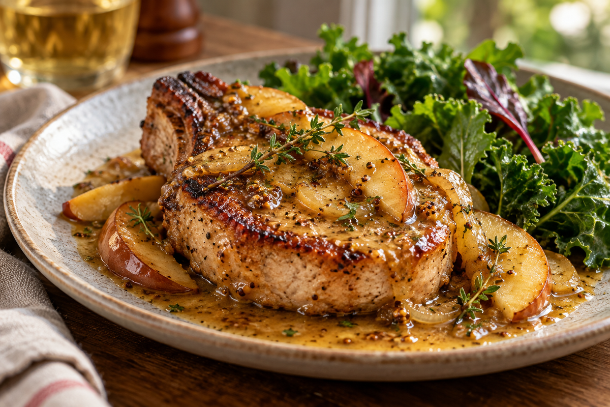 Golden pork chop with cider and mustard sauce, apples and herbs