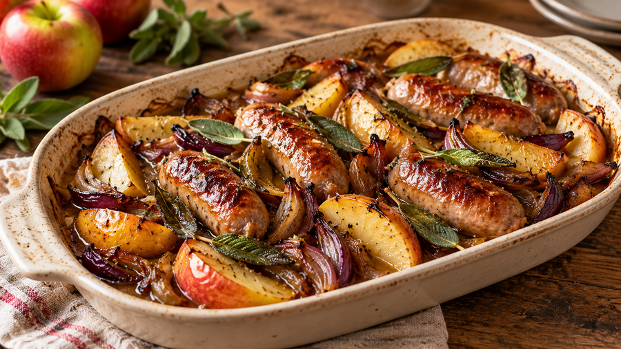 Roasted sausages with apple, sage and cider pan juices