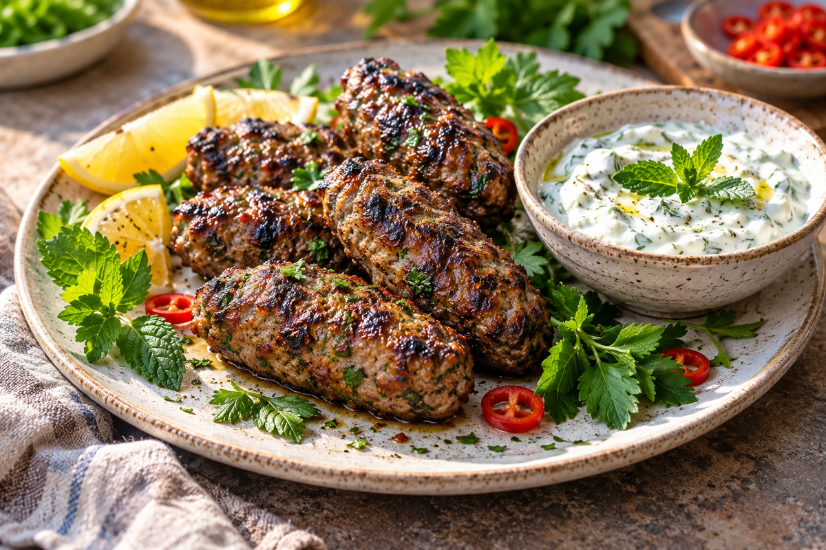 Browned lamb koftas with mint yoghurt, lemon and herbs