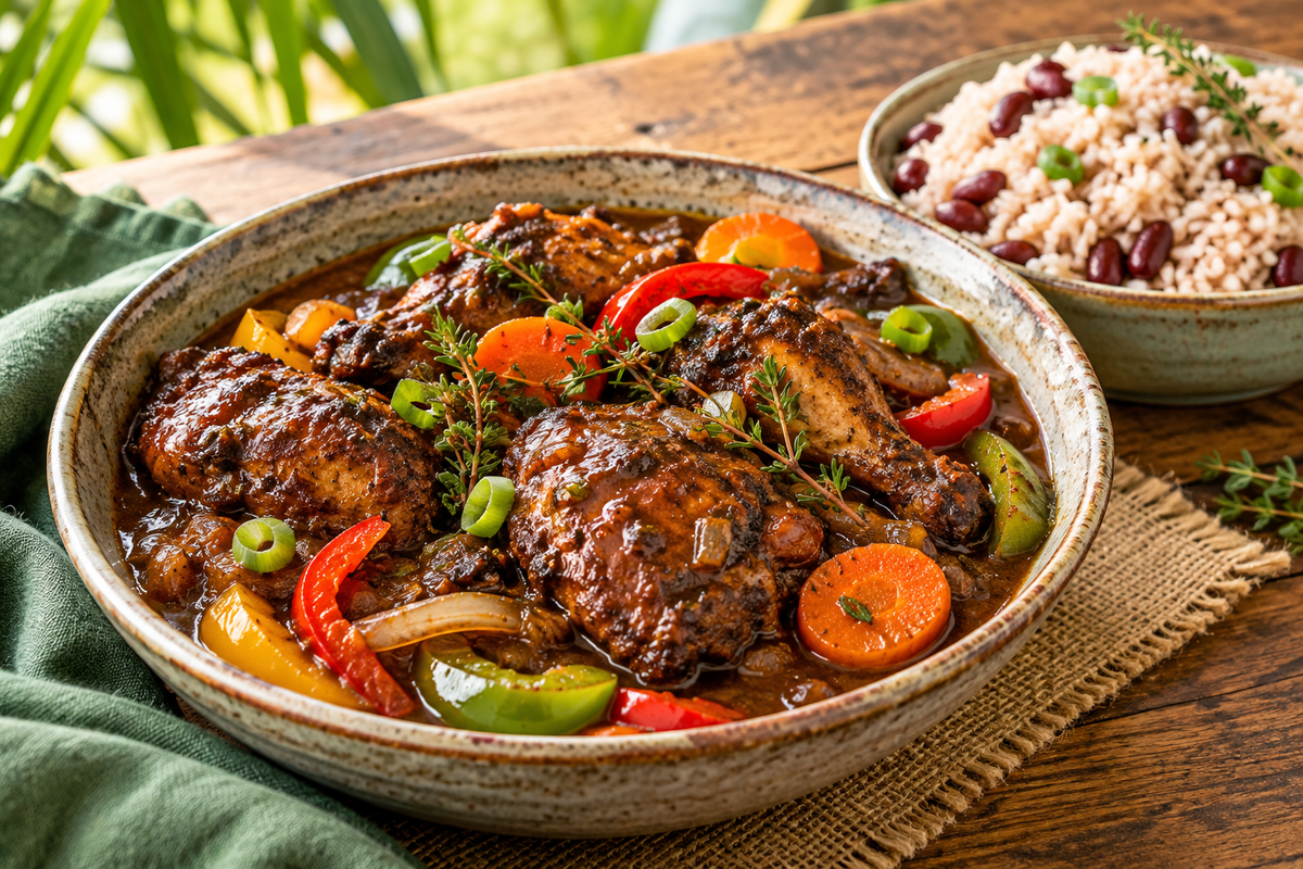 Jamaican brown stew chicken in dark savoury gravy with thyme and peppers