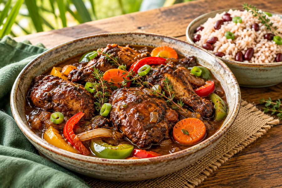 Jamaican brown stew chicken in dark savoury gravy with thyme and peppers