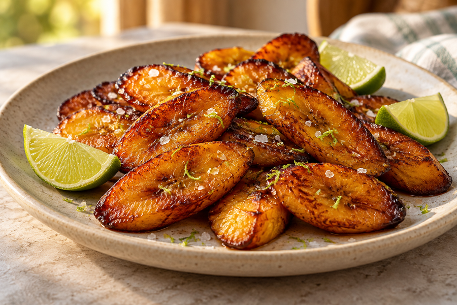 Bronzed fried plantain slices with lime wedges and lime zest