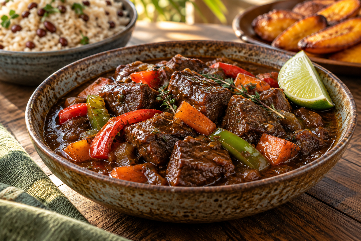 Caribbean-style beef pepper pot with tender braised beef, peppers, carrots and lime