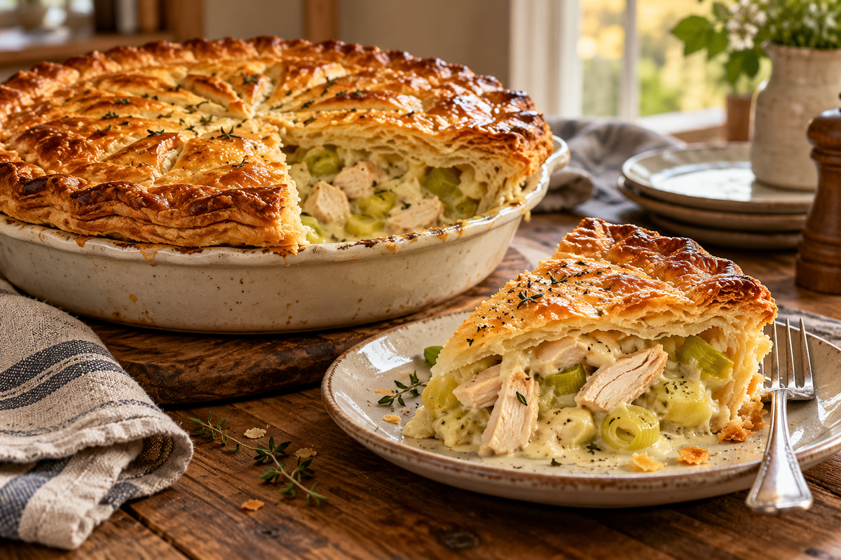 Golden chicken and leek pie with crisp puff pastry and creamy filling