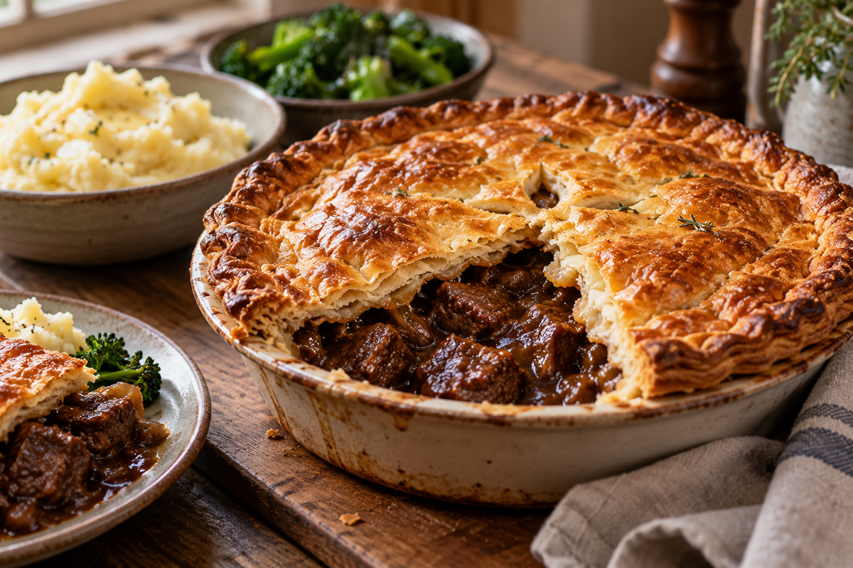 Golden beef and ale pie with crisp puff pastry, rich gravy and tender braised beef