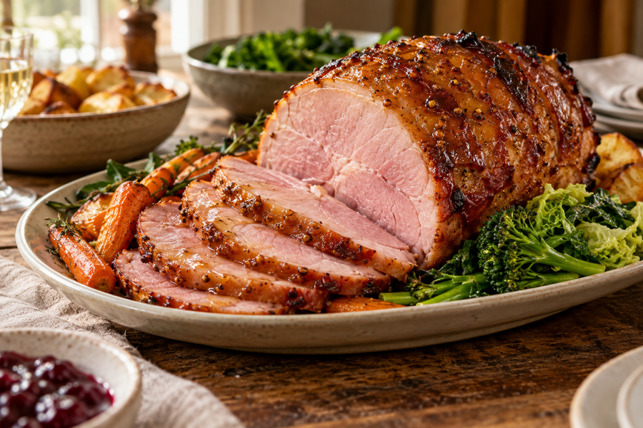 Glazed rolled ham sliced for serving with roasted carrots and greens