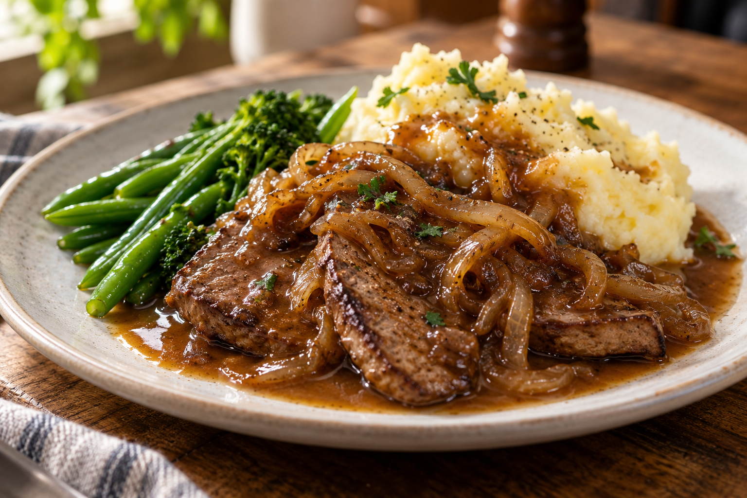 Tender liver and onions with proper rich gravy, mashed potato and greens