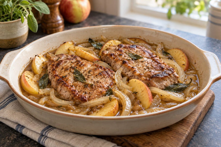 Oven-finished pork shoulder steaks with apple, onion and sage in cider gravy