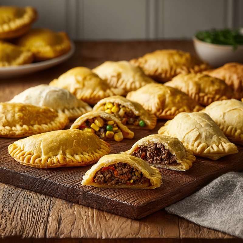 Caribbean patties selection box with flaky golden pastry and mixed traditional fillings by The Black Farmer