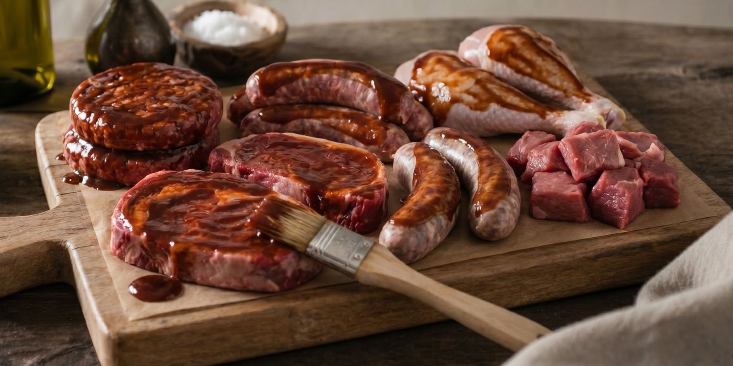 Selection of burgers, sausages and barbecue meats for Easter grilling and outdoor BBQ cooking