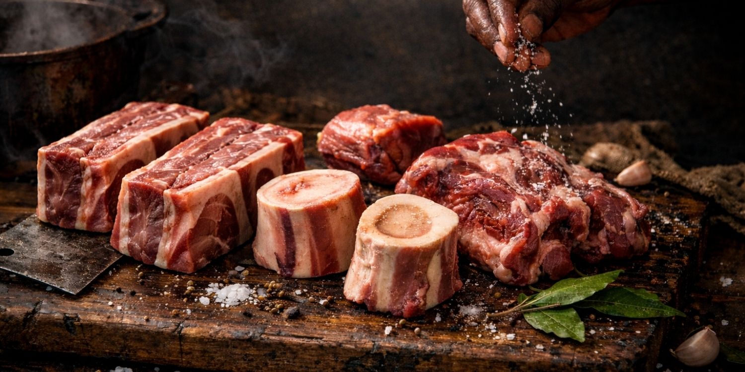 Selection of specialist butcher cuts including goat meat, beef skirt and guinea fowl for UK delivery
