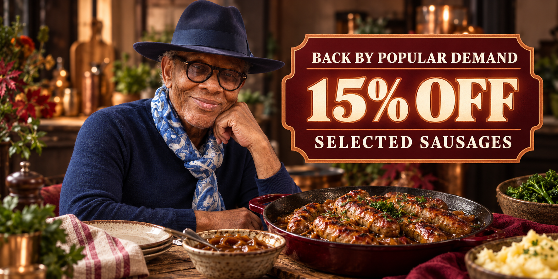 Wilfred with a platter of sausages beside a 15% off selected sausages offer