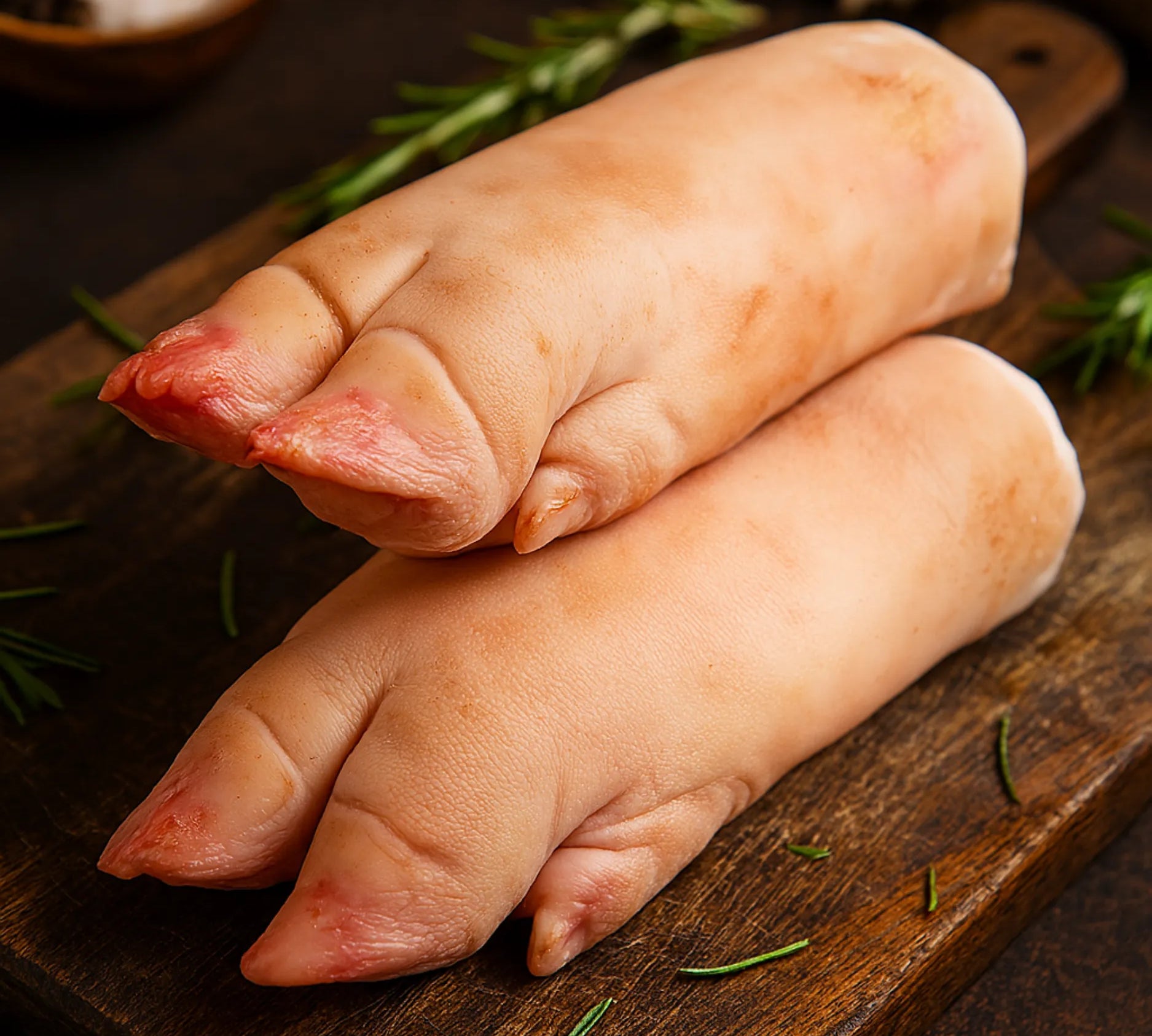 Two raw pork trotters from The Black Farmer – traditional British cut ideal for slow cooking or braising.