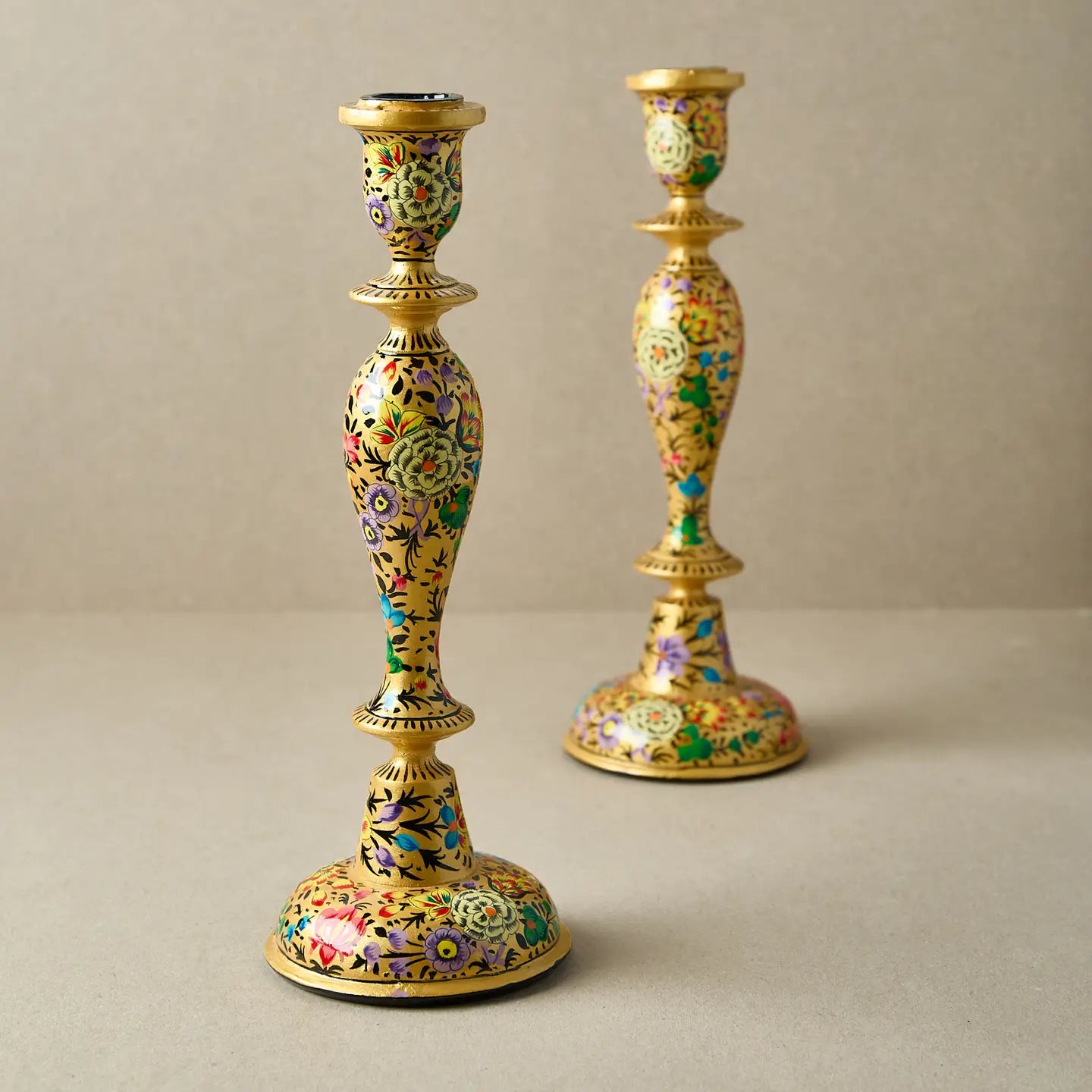 Hand-Painted Wooden Candlestick Holder - 12"