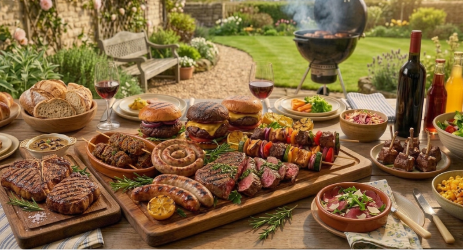 Outdoor barbecue setup with various meats, vegetables, and drinks on a wooden table.