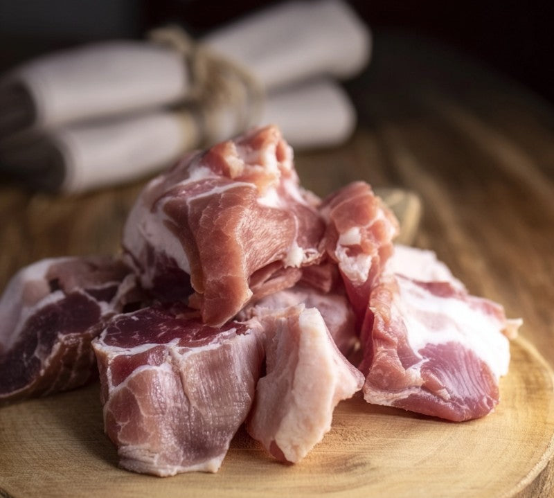 Bacon Off Cuts – Unsmoked by The Black Farmer, rustic British pork for hearty cooking – buy pork online.
