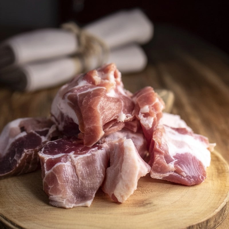 Bacon Off Cuts – Unsmoked by The Black Farmer, rustic British pork for hearty cooking – buy pork online.