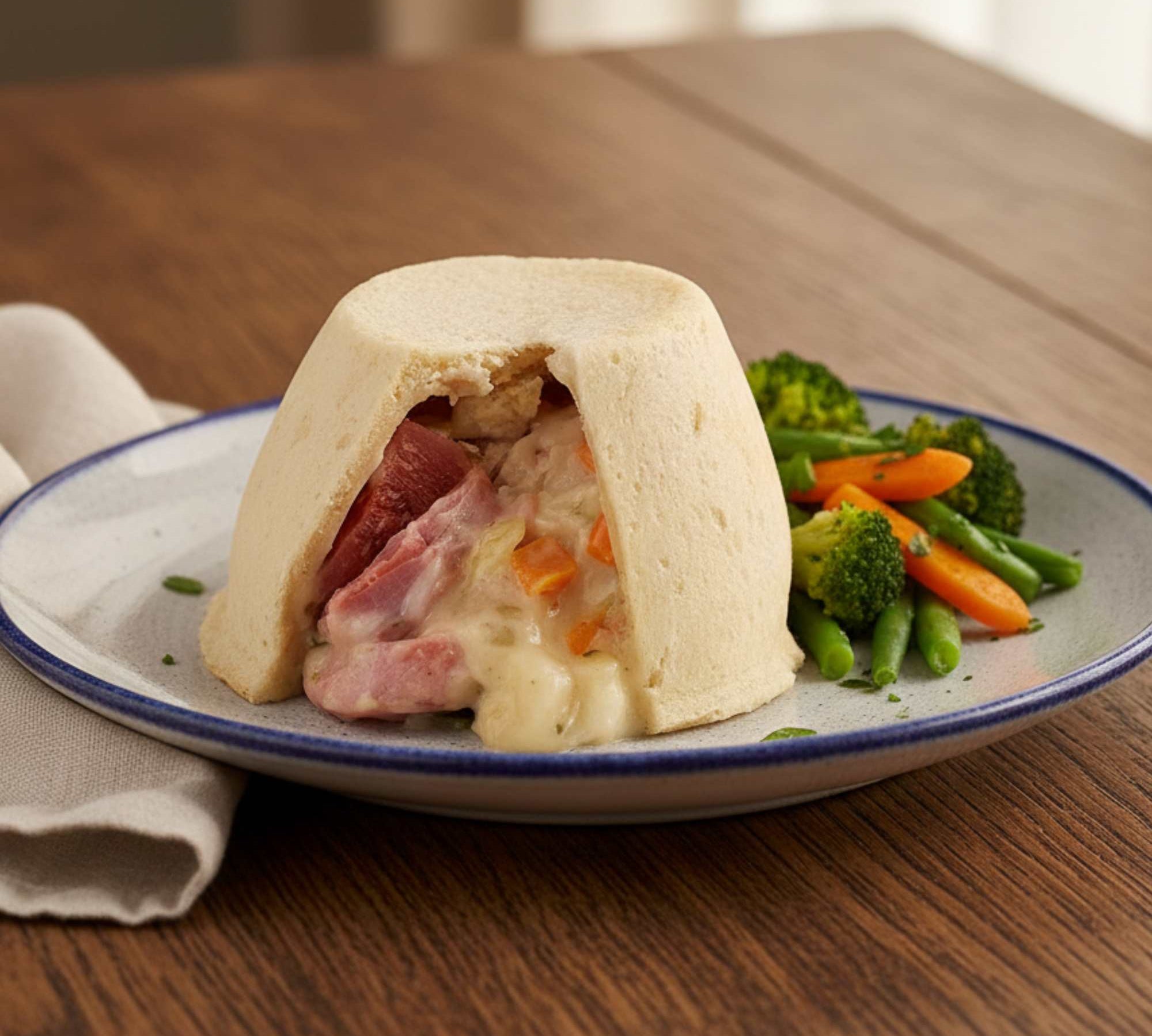 Bacon & onion suet pudding with smoky bacon and caramelised onions in soft suet pastry.