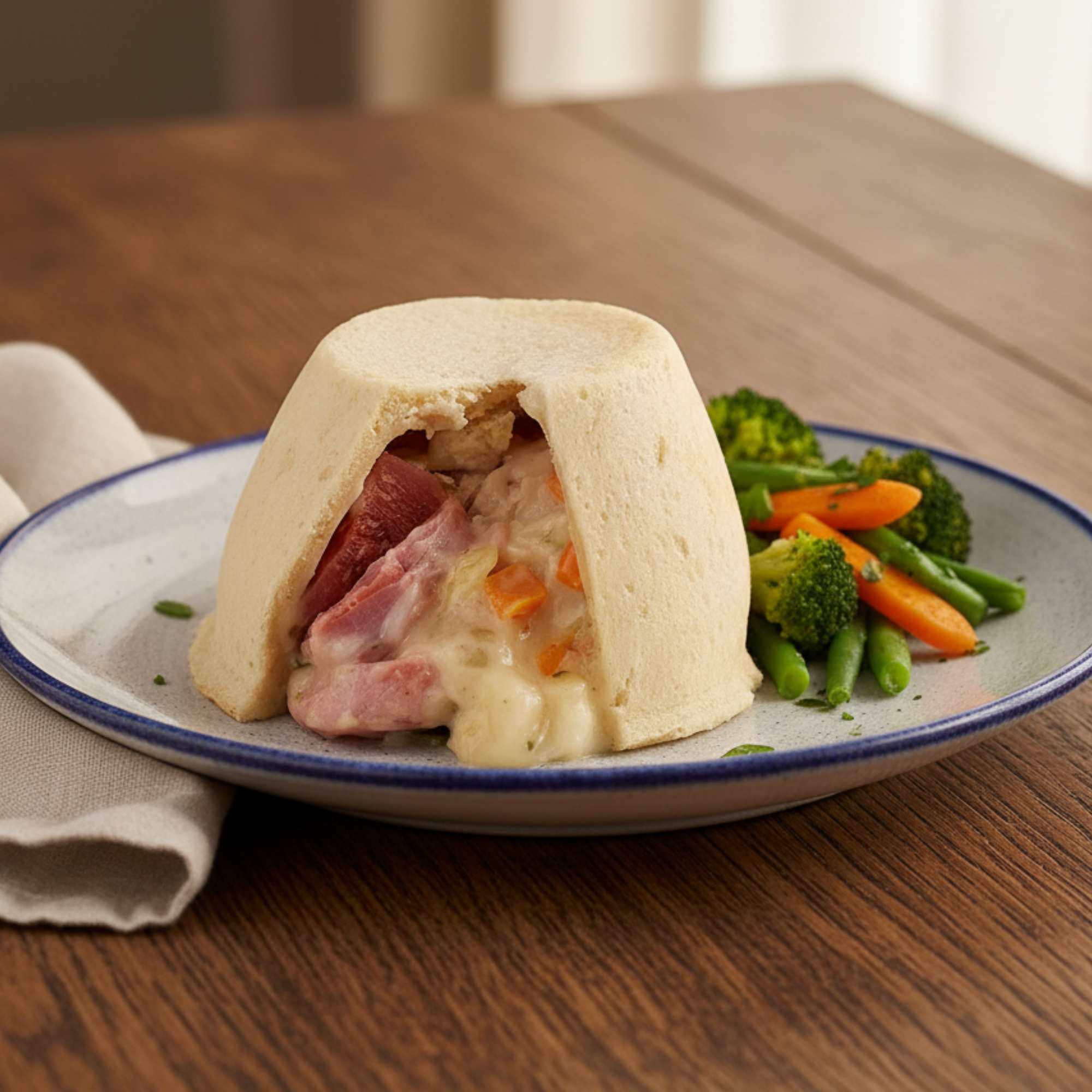 Bacon & onion suet pudding with smoky bacon and caramelised onions in soft suet pastry.