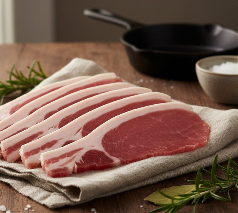 Unsmoked Back Bacon by The Black Farmer – premium British cured bacon rashers, thick-cut and full of natural flavour.