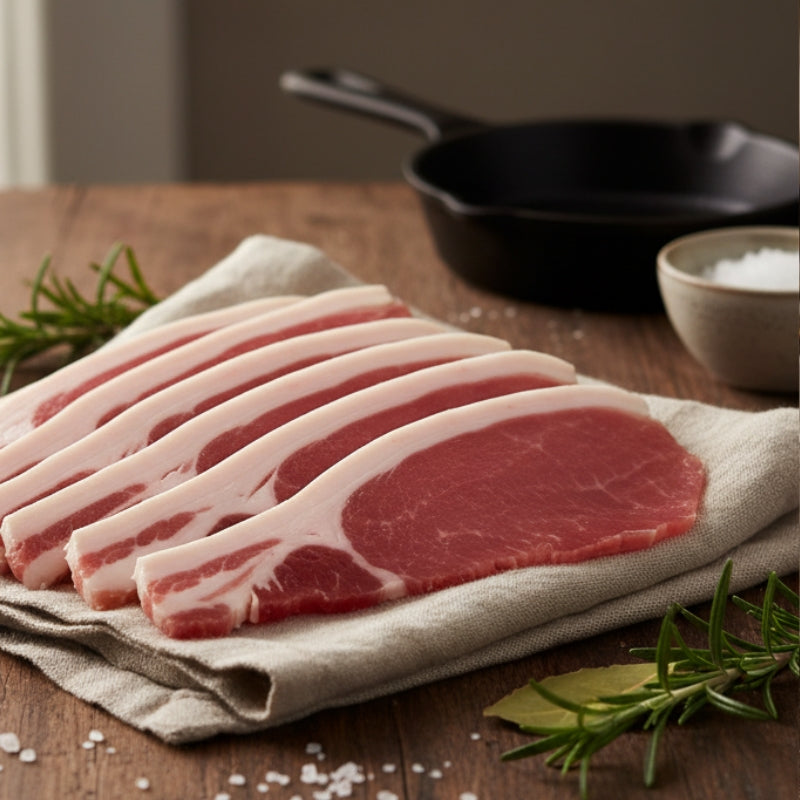 Unsmoked Back Bacon by The Black Farmer – premium British cured bacon rashers, thick-cut and full of natural flavour.