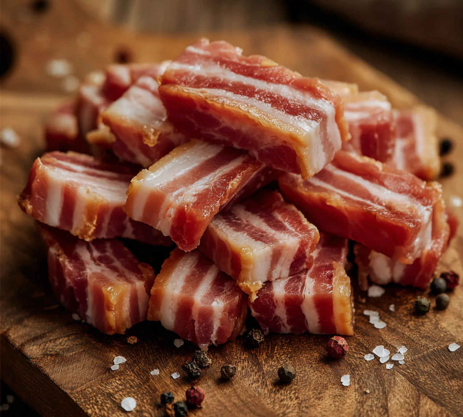 Slices of raw bacon on a wooden cutting board with salt and pepper.