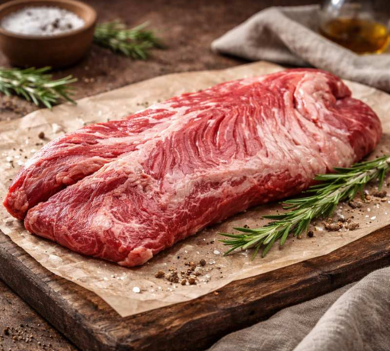 Onglet beef on a wooden cutting board with rosemary and salt