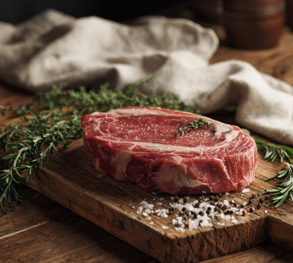 British ribeye steak with rich marbling from The Black Farmer, premium fresh beef ideal for grilling.