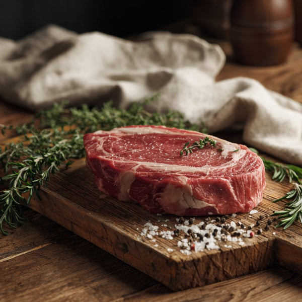 British ribeye steak with rich marbling from The Black Farmer, premium fresh beef ideal for grilling.
