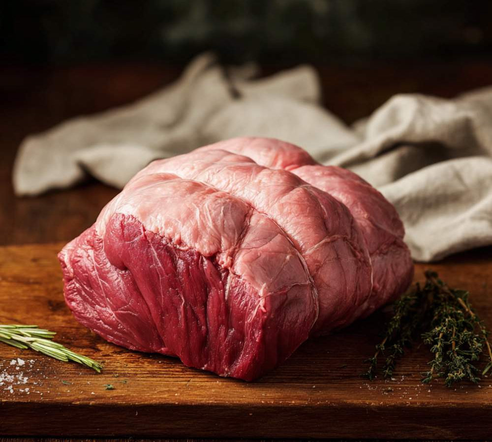 Raw beef on a wooden cutting board with herbs and a cloth in the background