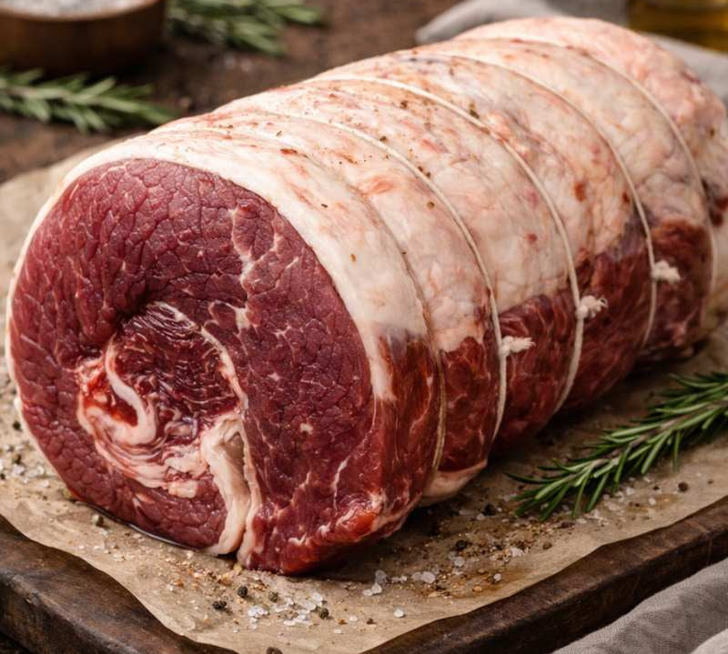 Raw beef brisket on a wooden cutting board with a cloth and tomatoes in the background