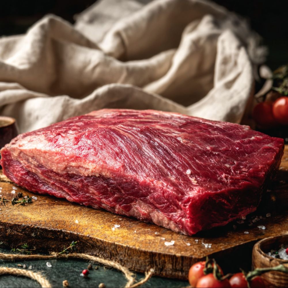 Raw beef brisket on a wooden cutting board with a cloth and tomatoes in the background
