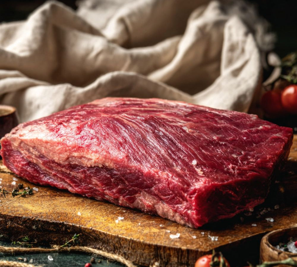 Raw beef brisket on a wooden cutting board with a cloth and tomatoes in the background