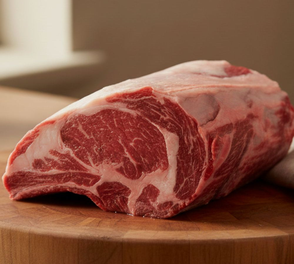 Boneless Rib of Beef – rolled British roasting joint with marbling from The Black Farmer, perfect for Sunday roast or special occasions