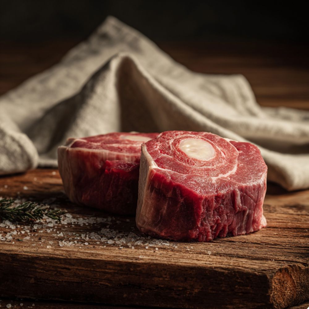 Two raw Beef shin medallions on a wooden cutting board with a cloth in the background
