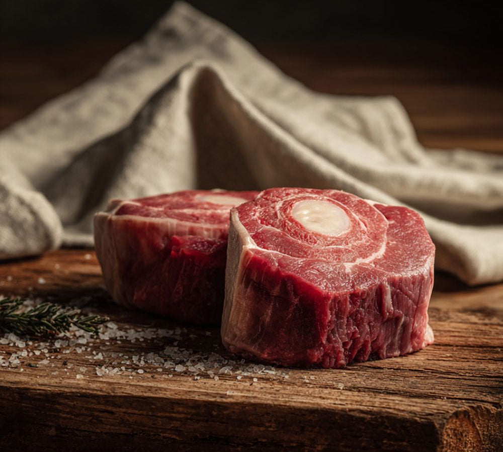 Two raw Beef shin medallions on a wooden cutting board with a cloth in the background