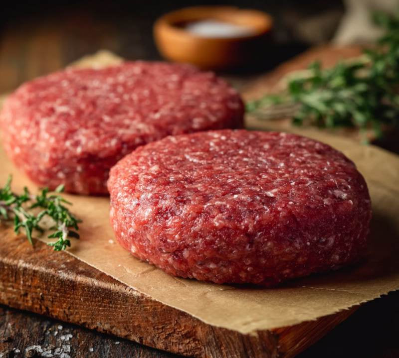 Two raw hamburger patties on a wooden cutting board with herbs and spices.