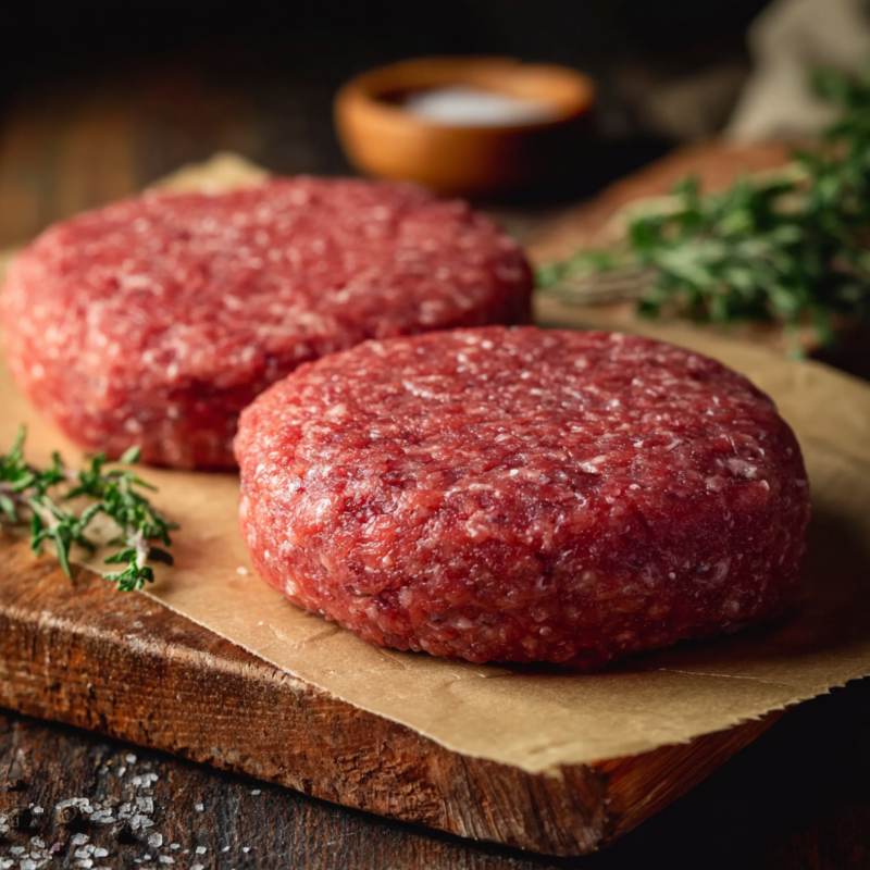 Two raw hamburger patties on a wooden cutting board with herbs and spices.