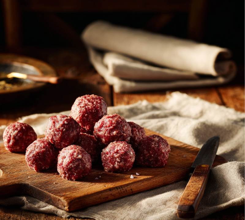 Raw meatballs on a wooden cutting board with a knife, on a rustic wooden table.