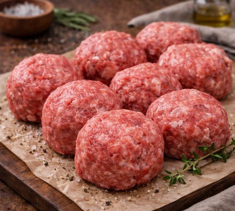 Raw meatballs on a wooden cutting board with a knife, on a rustic wooden table.
