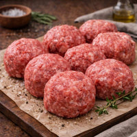 Raw meatballs on a wooden cutting board with a knife, on a rustic wooden table.