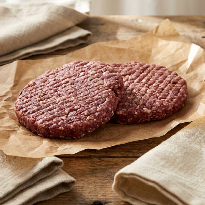 Free‑range British Beef & Chilli Burgers (2 × 6 oz/171 g) – gluten‑free patties on wooden board with chilli flakes