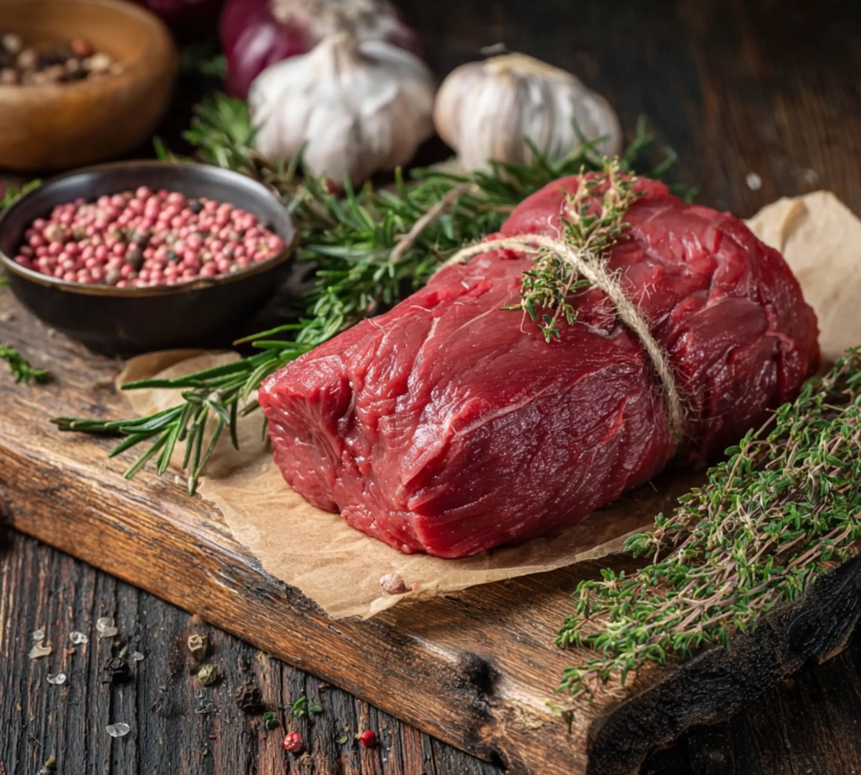 Premium British Beef Fillet, fresh butcher’s cut with rich marbling, ideal for roasting, grilling or pan-searing.