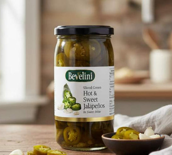 Jar of Bevelini Green Hot & Sweet Jalapenos on a kitchen table with sliced jalapeños beside it.