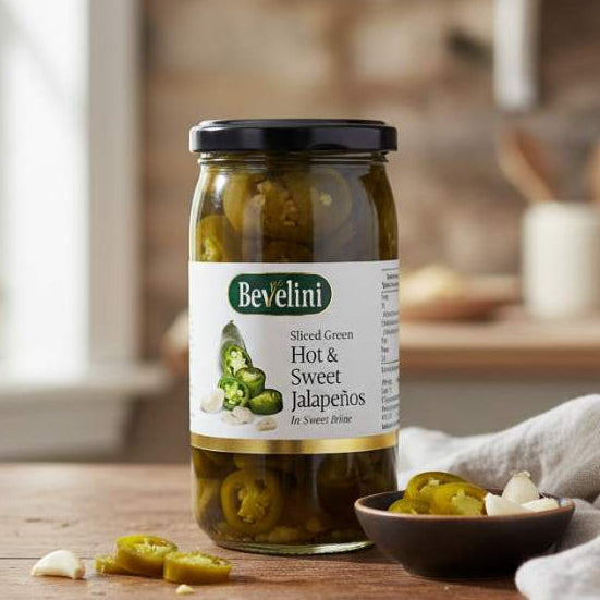 Jar of Bevelini Green Hot & Sweet Jalapenos on a kitchen table with sliced jalapeños beside it.