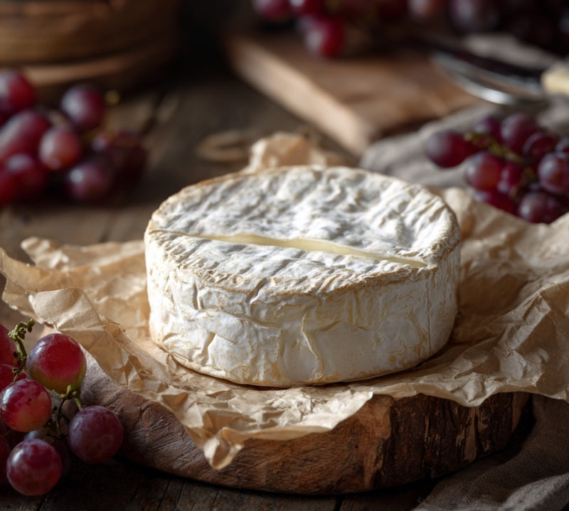 Somerset Camembert round 220g with soft rind and creamy centre, ideal for baking or cheeseboards.